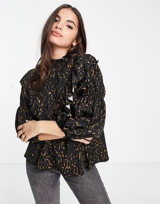 Fashion Union almost animal print high neck ruffle smock top in black