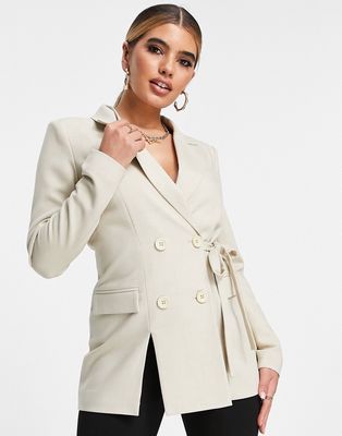 4th & Reckless tie side blazer with front spilt in stone-Neutral
