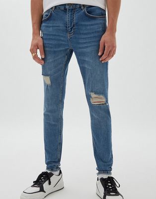 Pull & Bear premium ripped skinny jeans in blue-Blues