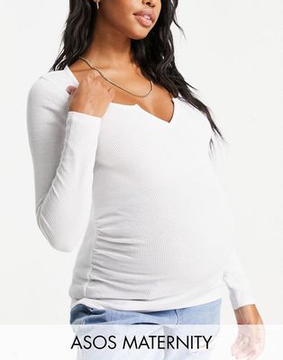 ASOS DESIGN Maternity top with notch neck in waffle with long sleeve in white