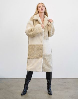 4th & Reckless patchwork teddy coat in cream-Multi
