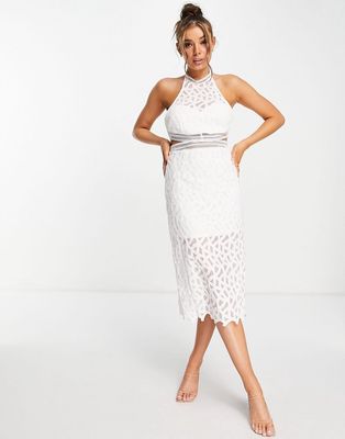 Bardot cut out eyelet midi dress with sheer overlay in ivory-White