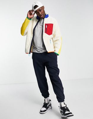 Polo Ralph Lauren player logo color block sherpa full zip jacket in cream-White