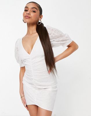 Saint Genies ruched broderie mini dress in white