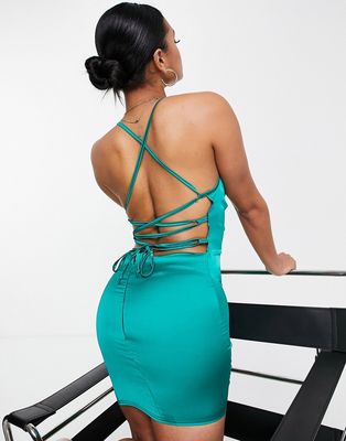 Femme Luxe satin mini dress with cross back in green