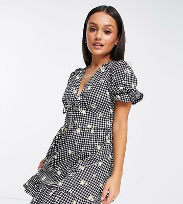 River Island Petite button front gingham floral mini dress in black