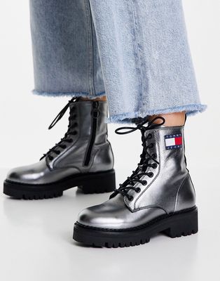 Tommy Jeans chunky lace up flag logo boots in metallic silver
