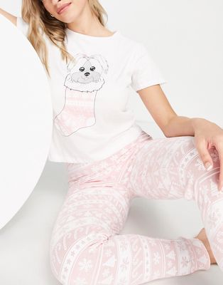 Brave Soul squish fairisle long pajamas in pink and white