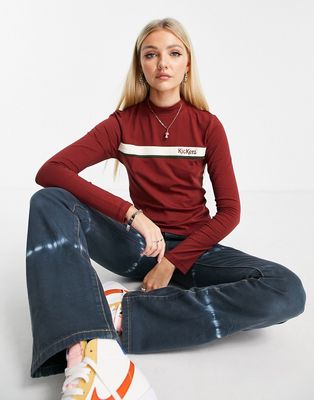 Kickers high neck fitted long sleeve top with logo stripe-Brown