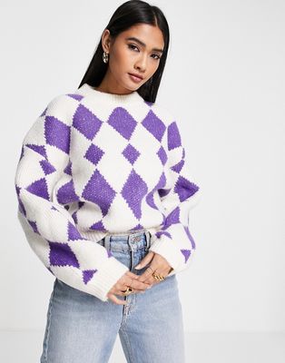 Annorlunda high neck boxy knitted sweater in lilac argyle-Purple