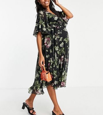 ASOS DESIGN Maternity printed flutter sleeve midi dress with pleated waist and button detail-Multi