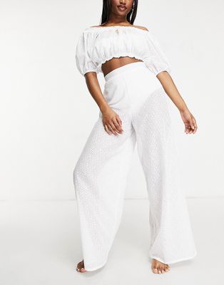 Fashion Union Exclusive wide leg high waist beach pants in white lace
