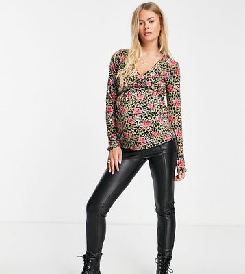 Mamalicious wrap front long sleeve top in print-Multi