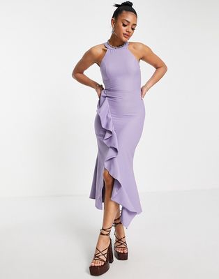 Trendyol high neck ruffle midi dress in lilac-Black