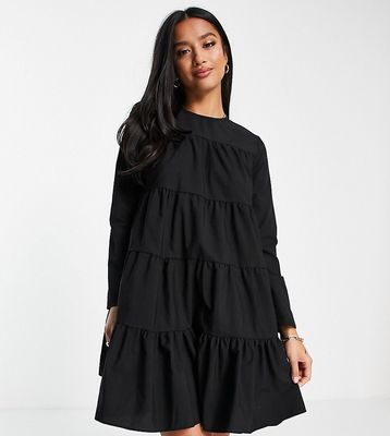 ASOS DESIGN Petite cotton poplin tiered long sleeve mini smock dress in black