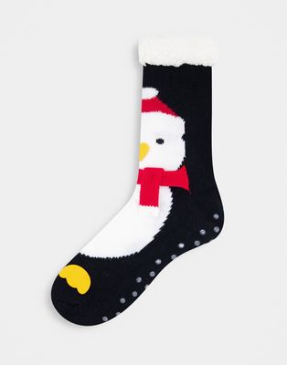 ASOS DESIGN Slipper socks with Xmas penguin in scarf design-Black