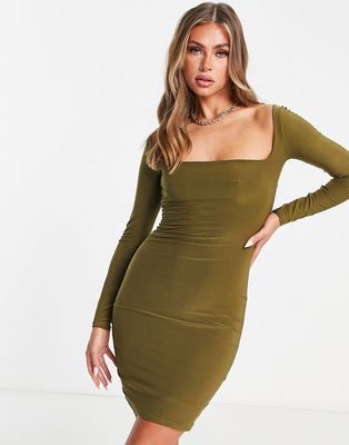 Missyempire exclusive square neck long sleeve strappy back mini dress in olive-Green