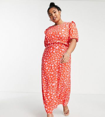 Nobody's Child Plus frill maxi tea dress in red heart print-Pink