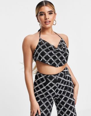 ASOS LUXE embellished halter top in black and silver - part of a set