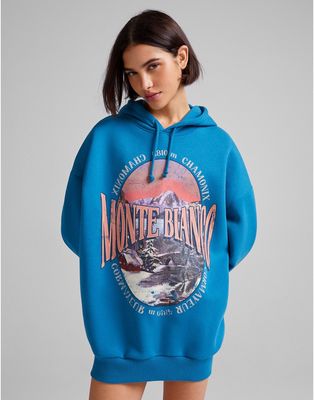 Bershka oversized hoodie with graphic in teal-Blue