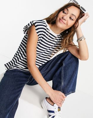 Only tank top with shoulder pads in navy stripe-White
