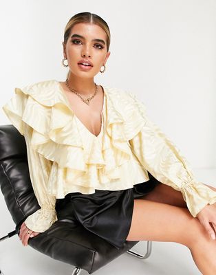 ASOS LUXE animal jacquard extreme ruffle top in champagne-Neutral