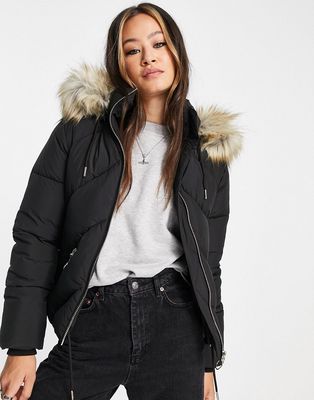 Topshop padded coat with faux fur hood in black