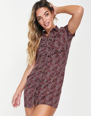 Wednesday's Girl mini shirt dress with ruching in retro floral-Brown