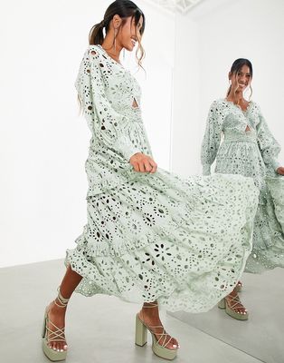 ASOS EDITION v neck broderie midi dress with puff sleeves in sage green