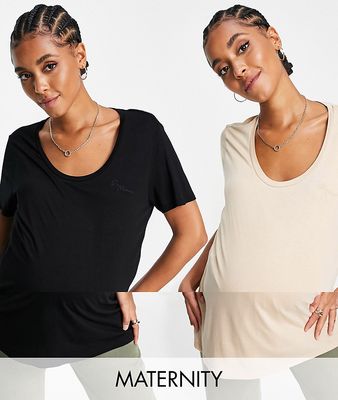 River Island Maternity 2 pack nursing layered t-shirt in oatmeal and black-White
