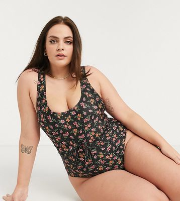 Peek & Beau Curve Exclusive swimsuit with waist tie in winter floral-Multi