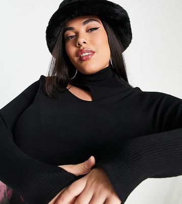ASOS DESIGN Curve fine knit roll neck sweater with cutout and ribbed sleeves-Black