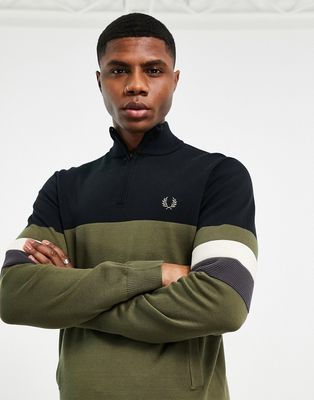 Fred Perry color block half zip sweater in khaki-Green