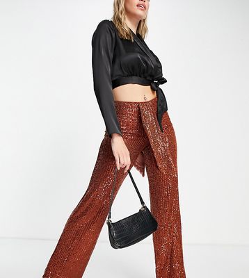 In The Style exclusive sequin wide leg pant with drape detail in tobacco-Brown