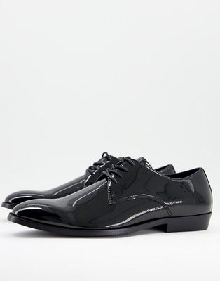 ASOS DESIGN angled toe derby shoe in black patent faux leather