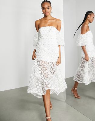 ASOS EDITION off shoulder dress in embroidered daisy in white