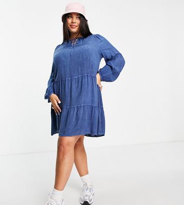 Wednesday's Girl Curve mini smock dress with tiered skirt in denim-Blues