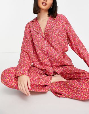 ASOS DESIGN mix & match modal ditsy floral long sleeve shirt in red & pink