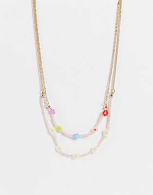 Monki Kit flower beaded necklace in multi-Blues