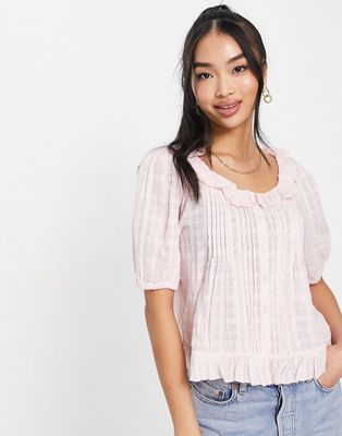 & Other Stories organic cotton frill neck blouse in peach-Pink