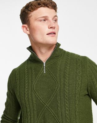ASOS DESIGN cable knit lambswool half zip sweater in khaki-Green