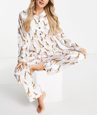 Night Satin giraffe print pajama set-White
