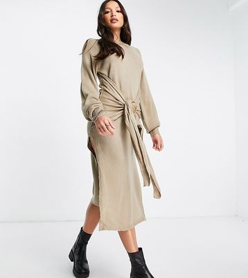 In The Style Tall x Lorna Luxe slit front belt detail midi dress in stone-Neutral