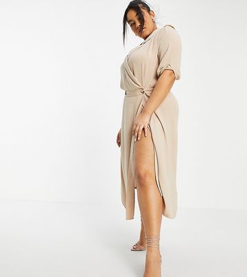 ASOS DESIGN Curve wrap tux midi dress with shoulder pads in stone-Neutral