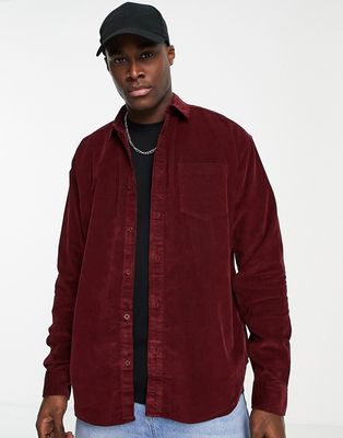 New Look oversized cord overshirt in burgundy-Red