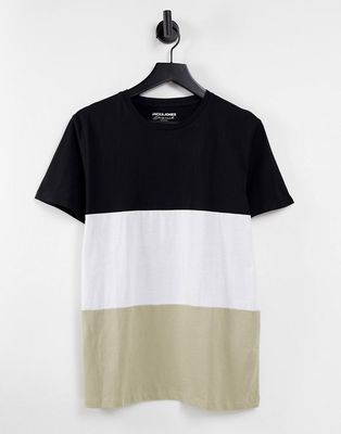 Jack & Jones color block T-shirt in black, white & beige-Multi