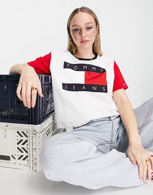 Tommy Jeans flag logo color block t-shirt in whtie-White