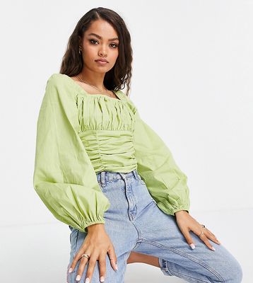 In The Style Petite shirred top with volume sleeve in lime-Multi