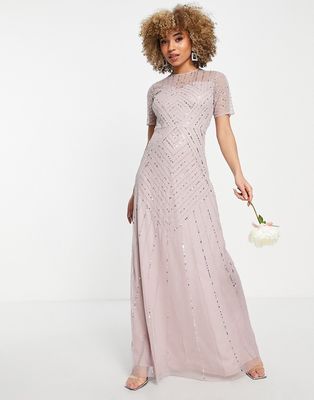 Frock and Frill Bridesmaid short sleeve maxi dress with embellishment in dusty mauve-Purple