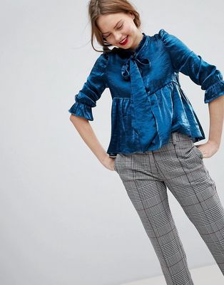 Sister Jane Pussybow Blouse With Ruffle Shoulder In Metallic Fabric-Blue